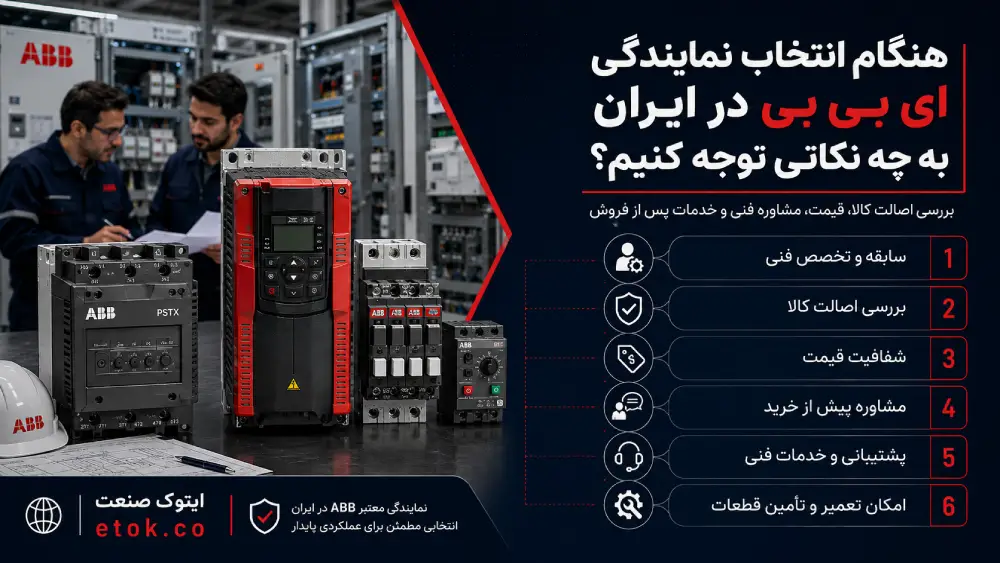 نکات مهم در انتخاب نمایندگی ای بی بی در ایران شامل بررسی اصالت کالا، شفافیت قیمت، مشاوره فنی، خدمات پس از فروش و تأمین تجهیزات ABB توسط ایتوک صنعت
